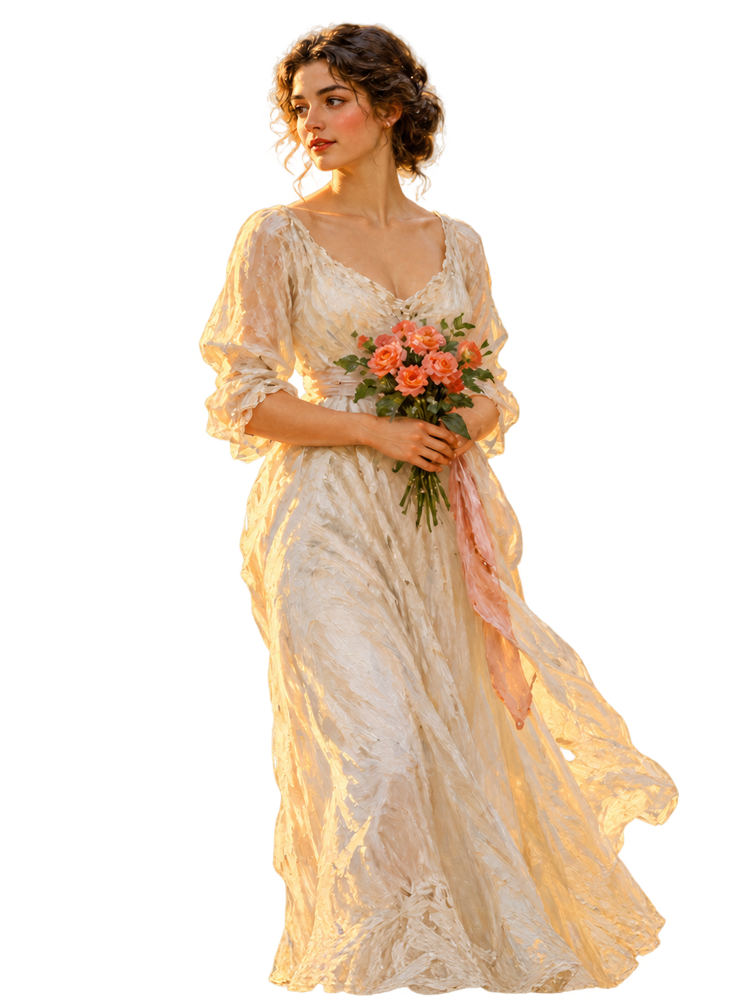 The same oil-painted woman and bouquet with the background removed