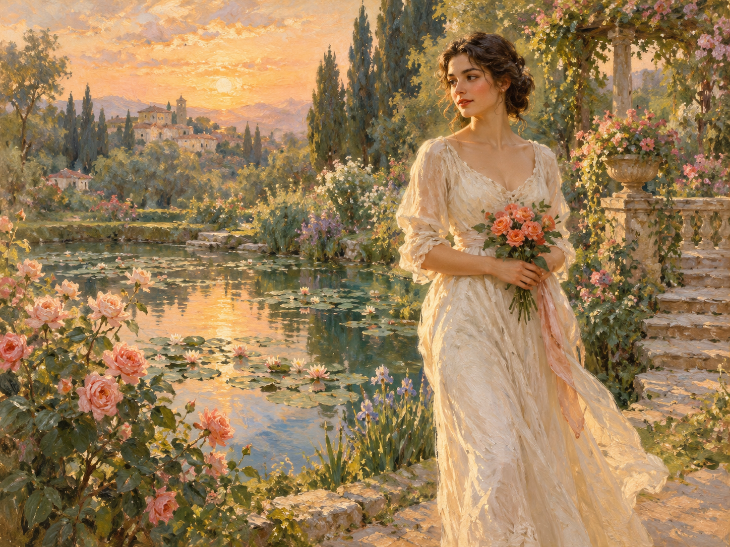 Romantic oil painting of a woman holding roses beside a garden pond at sunset, with the complete background