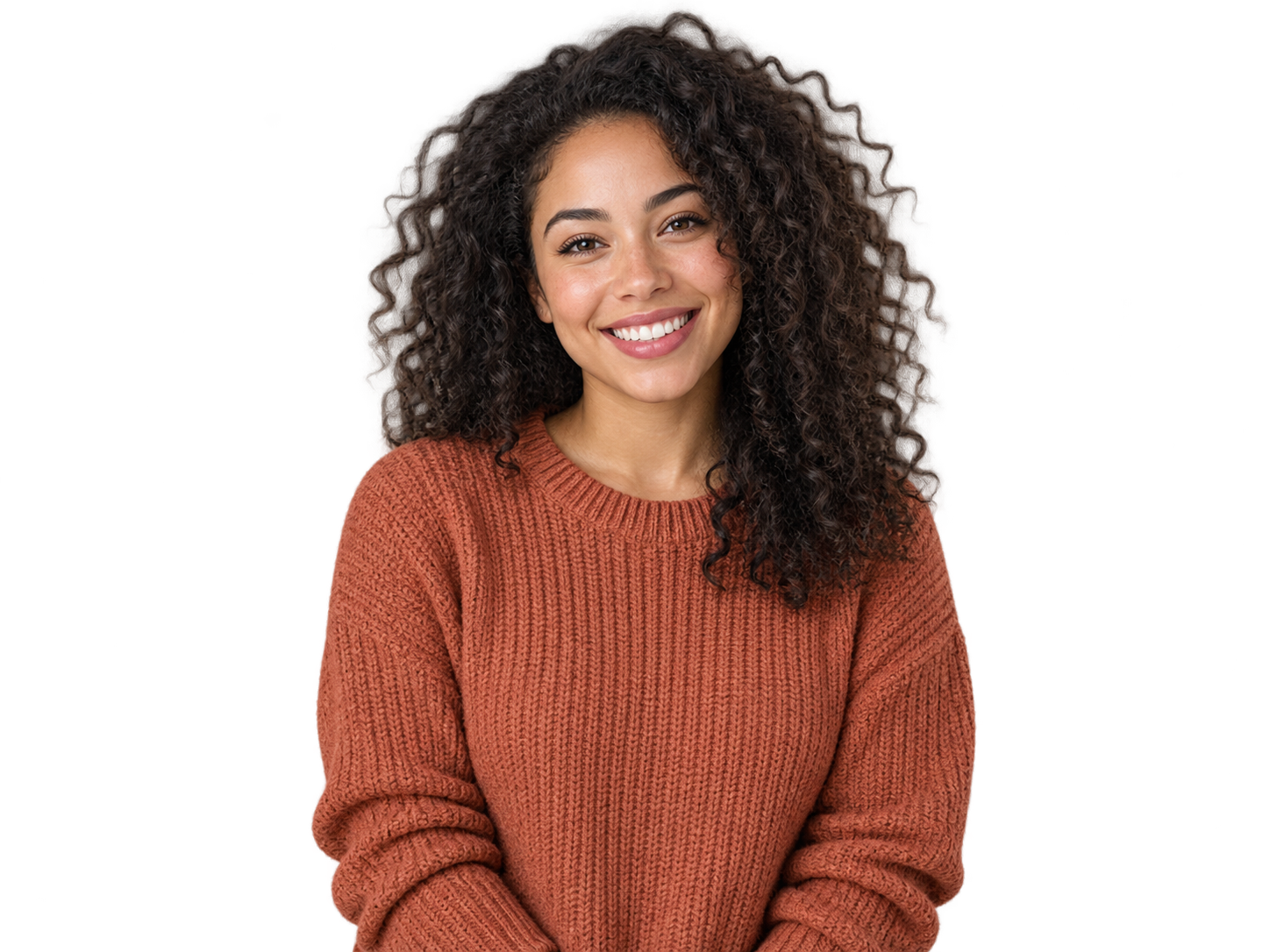 Illustrative curly-haired portrait on a warm backdrop and transparency grid