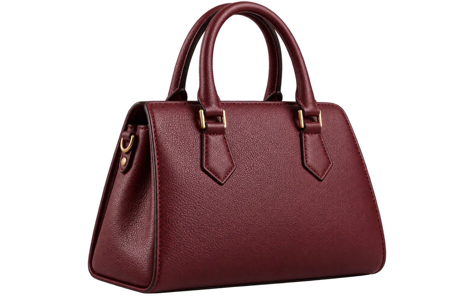 Generated fashion photograph of a burgundy leather handbag with brass hardware