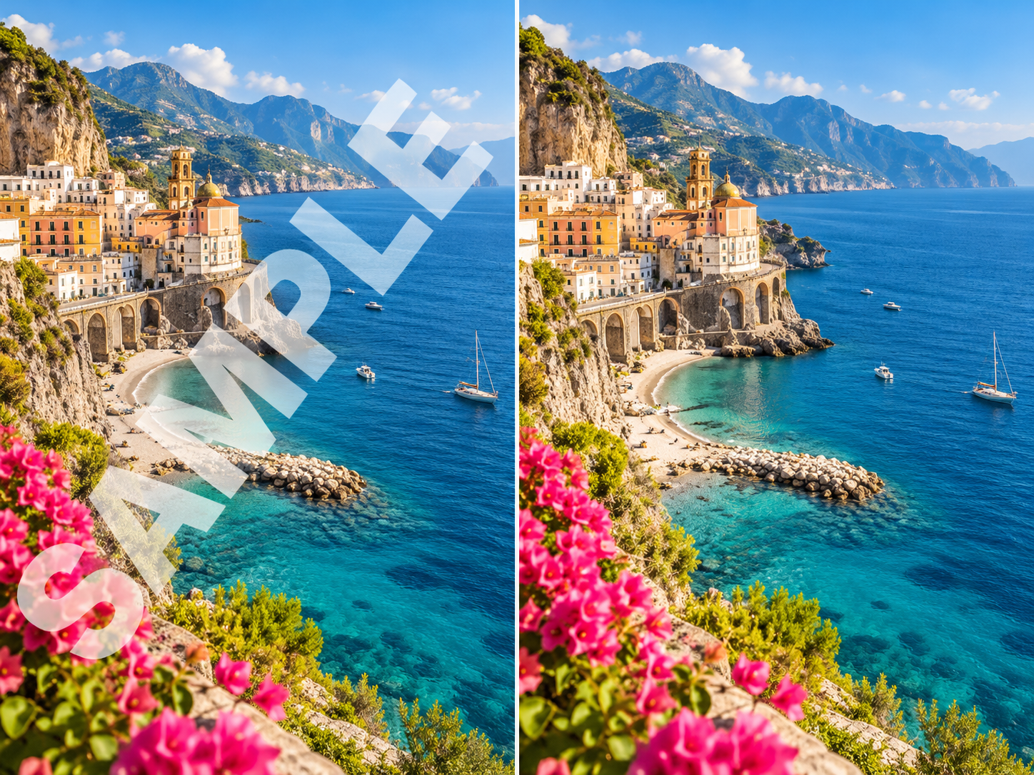 Coastal village photo before and after removal of a sample watermark