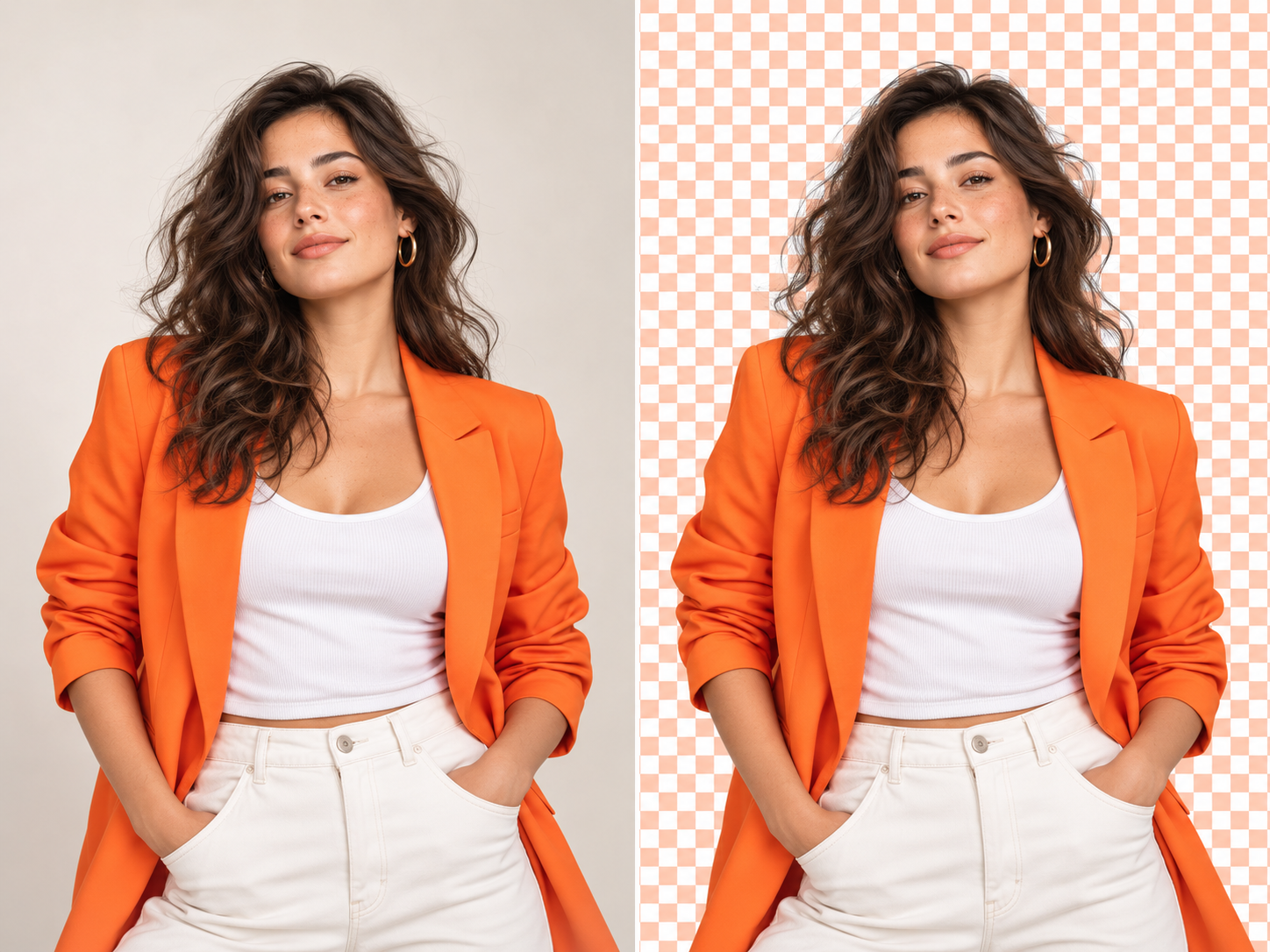 Woman in an orange jacket before and after precise AI background removal