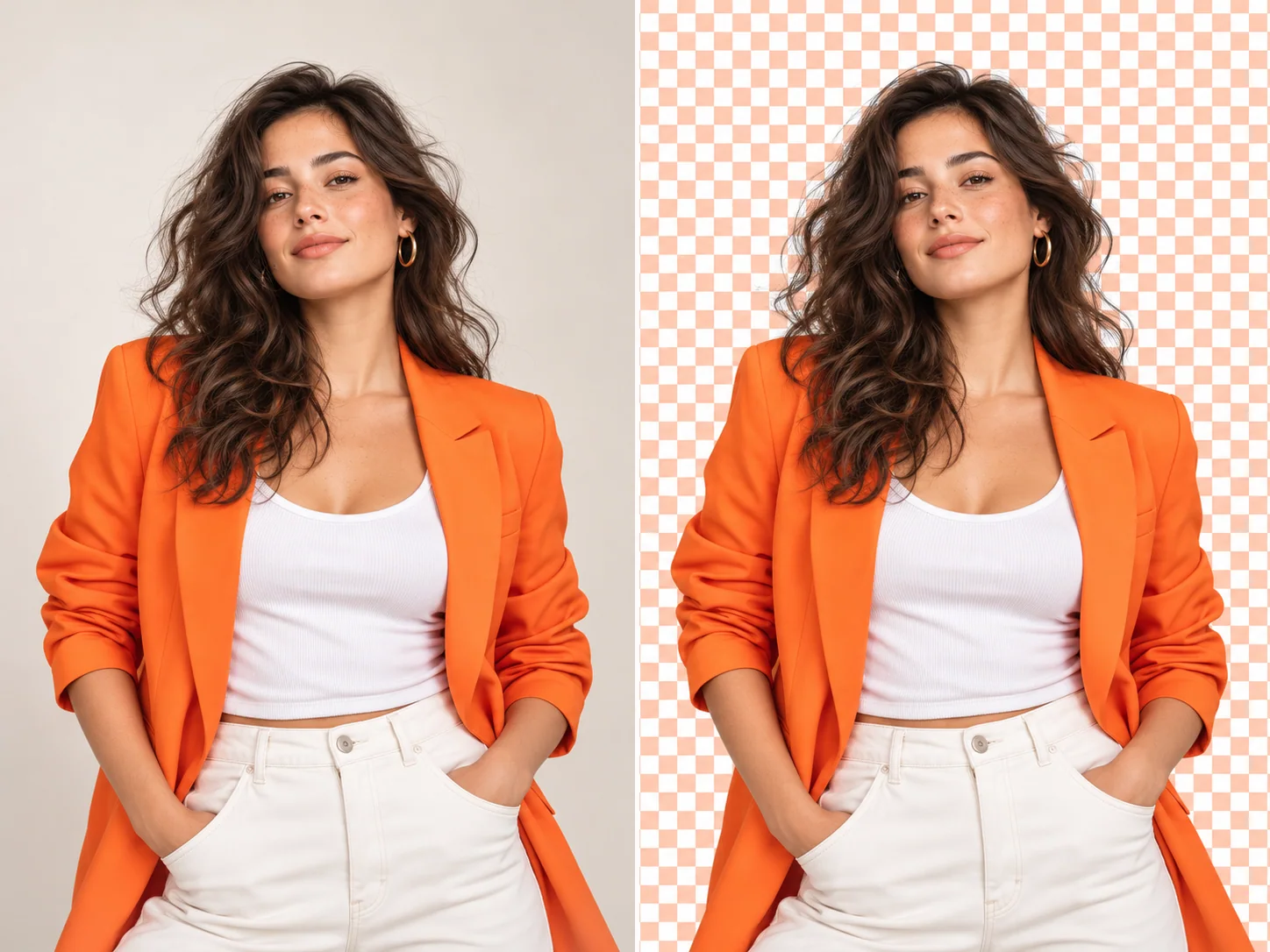 Woman in an orange jacket before and after precise AI background removal