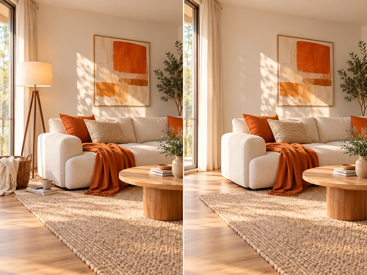 Warm orange living room before and after unwanted objects are removed with a free AI photo editor