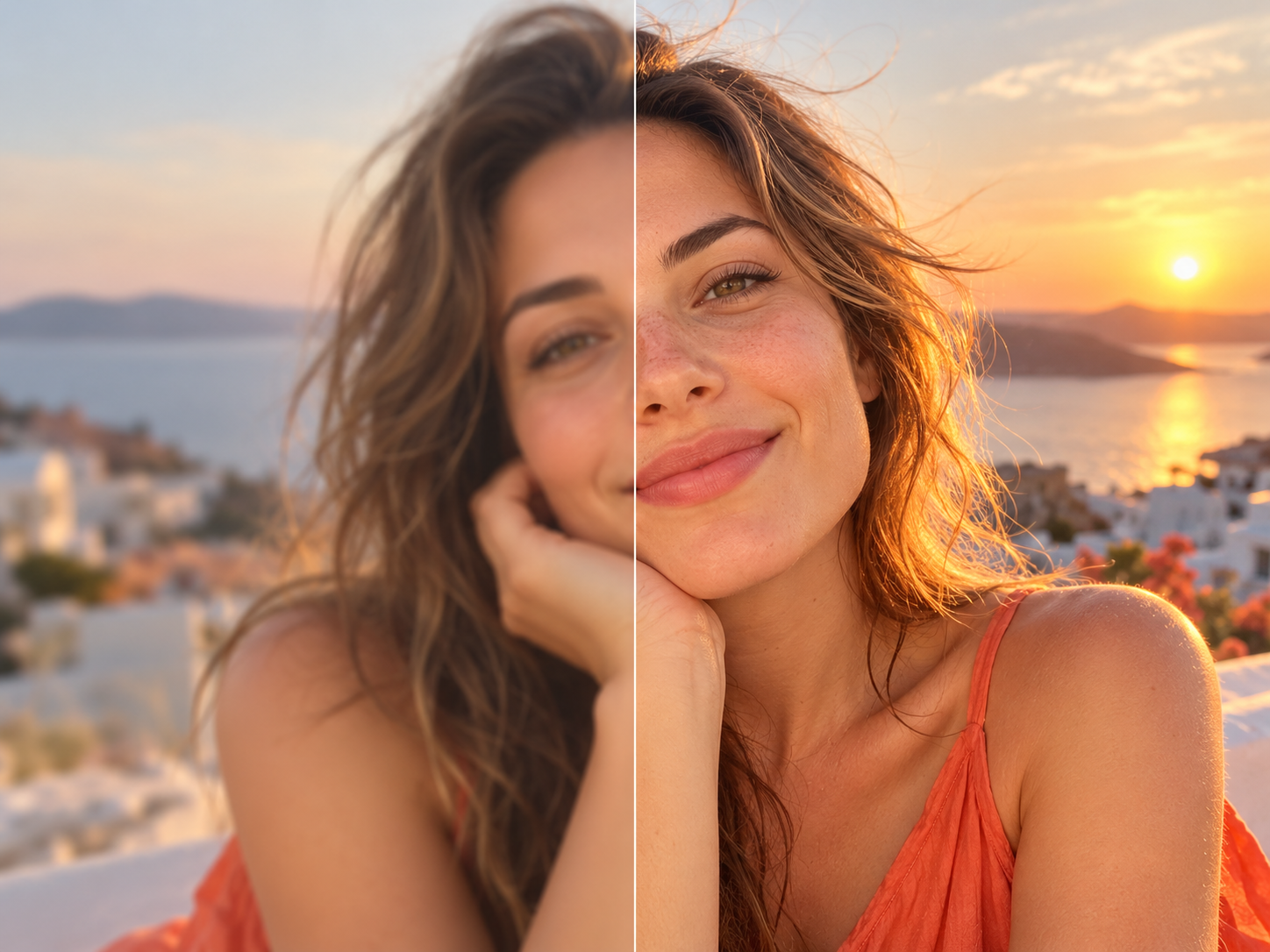 Outdoor portrait before and after natural photo enhancement with warm orange light