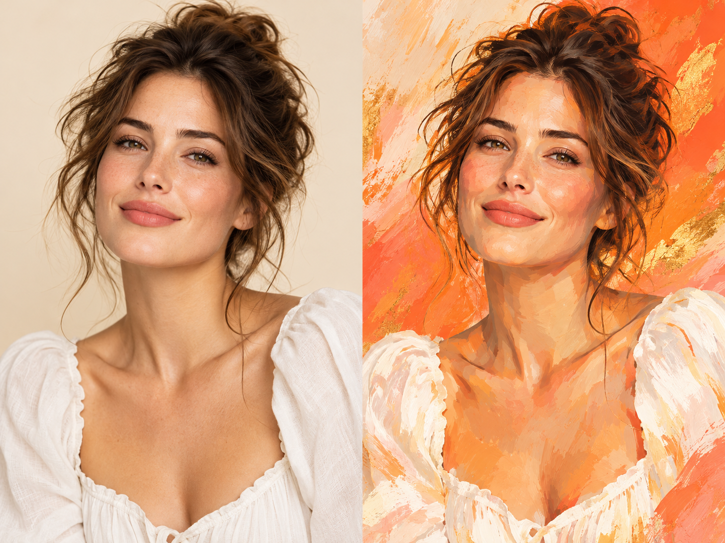 ポートレートをオレンジの絵画風AIスタイルに変換する前後比較