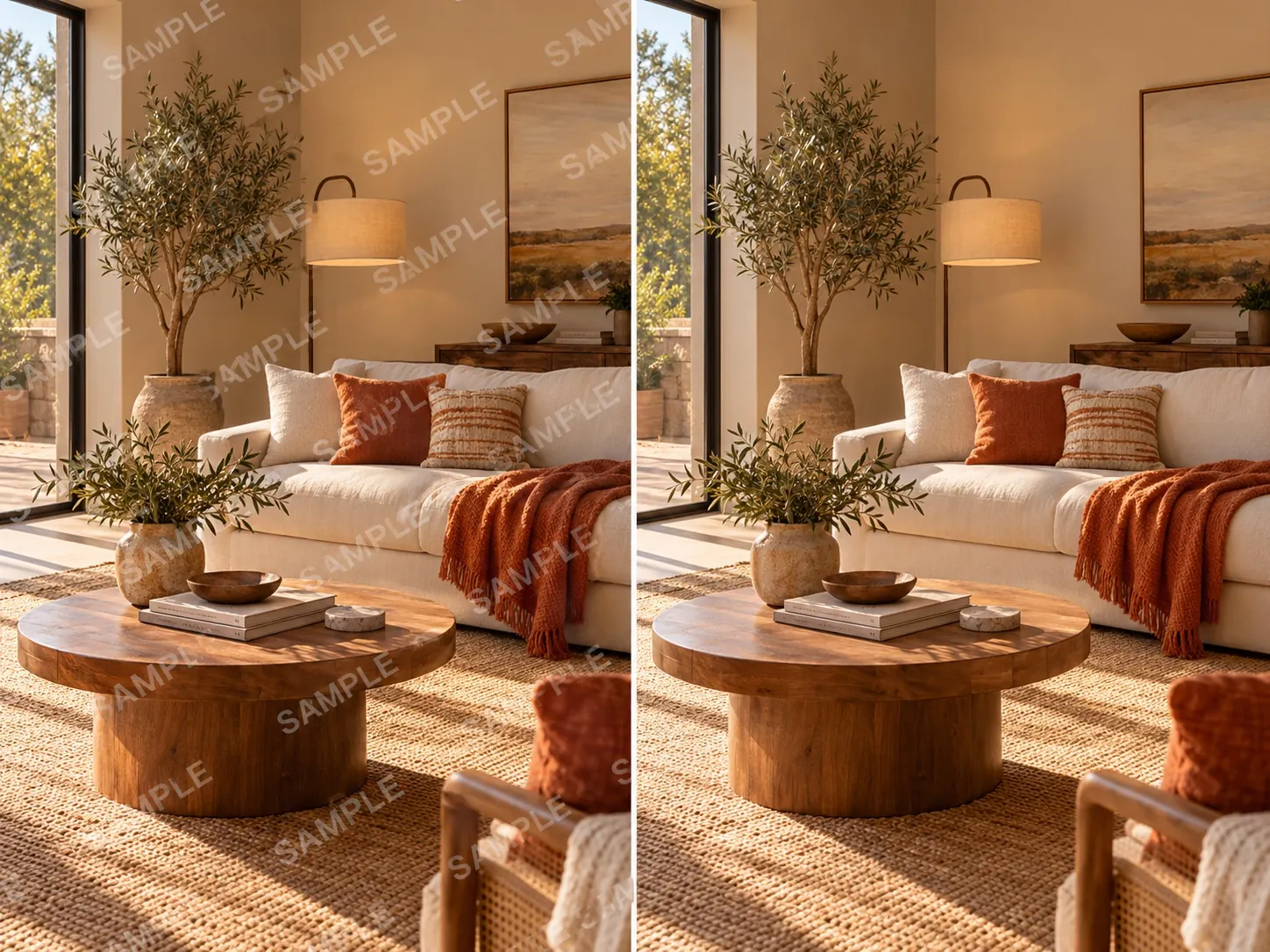 Illustration of the same warm living room before and after text watermark removal