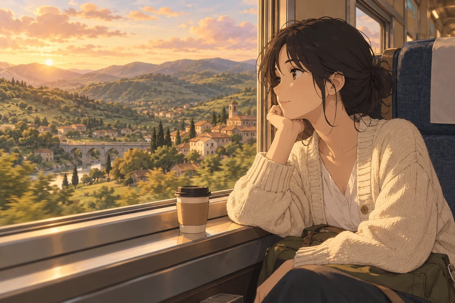 Original anime illustration of a traveler beside a sunlit train window