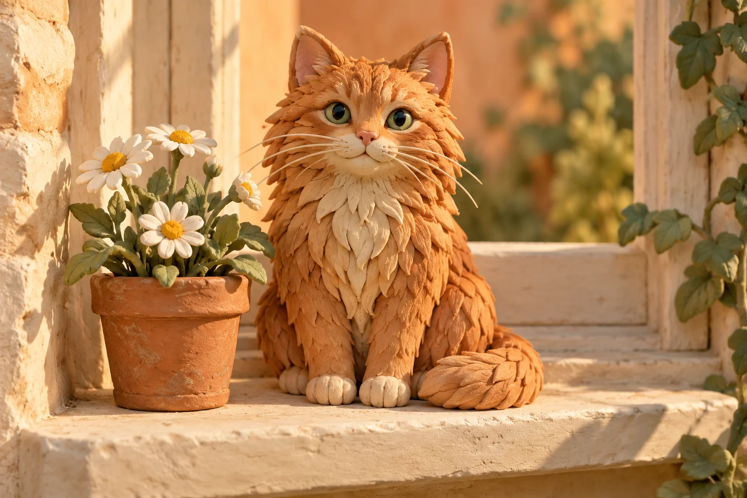 Handcrafted clay ginger cat beside daisies on a cottage windowsill
