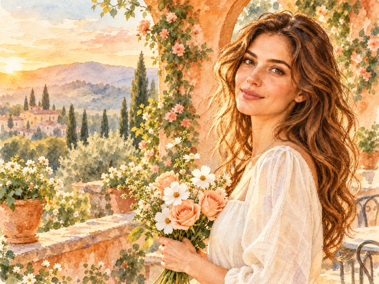 Luminous watercolor portrait of a woman holding peach roses on a golden garden terrace