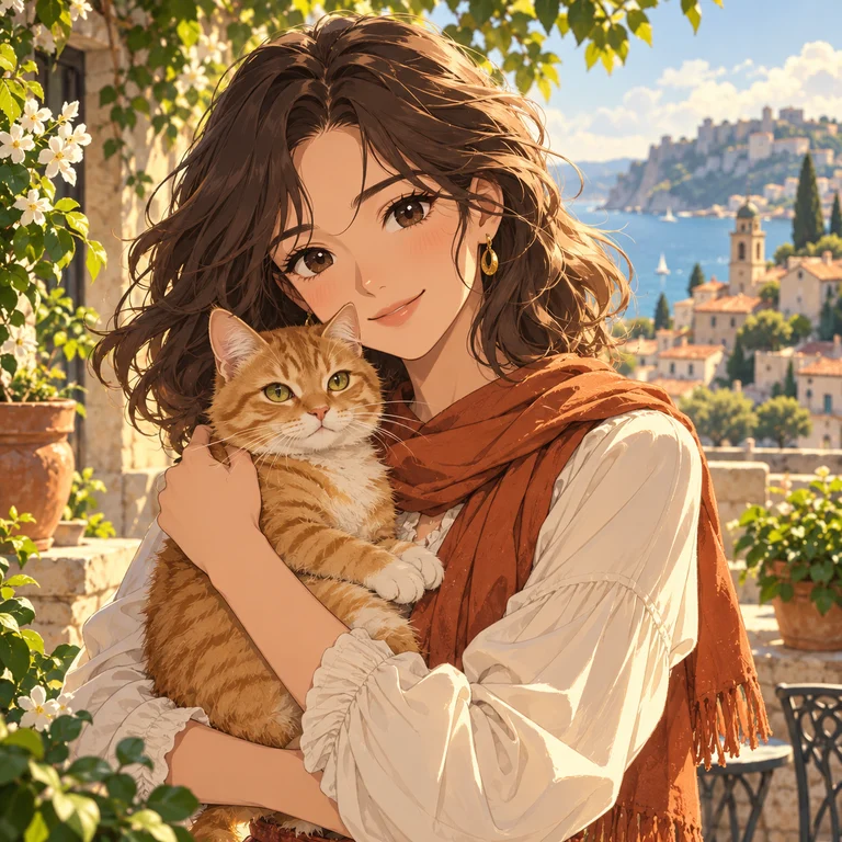 Anime woman holding a ginger cat with clean linework and cel shading