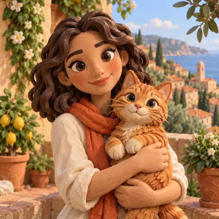 Rounded clay figure of a woman holding a ginger cat with handmade texture