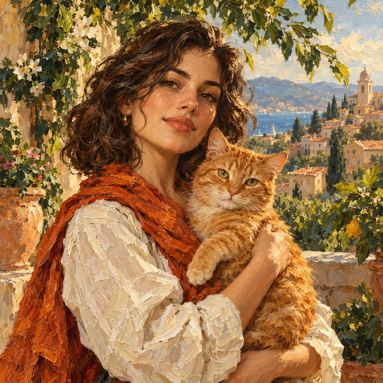 茶トラ猫を抱く女性の油絵、厚い絵の具と重なる筆あと