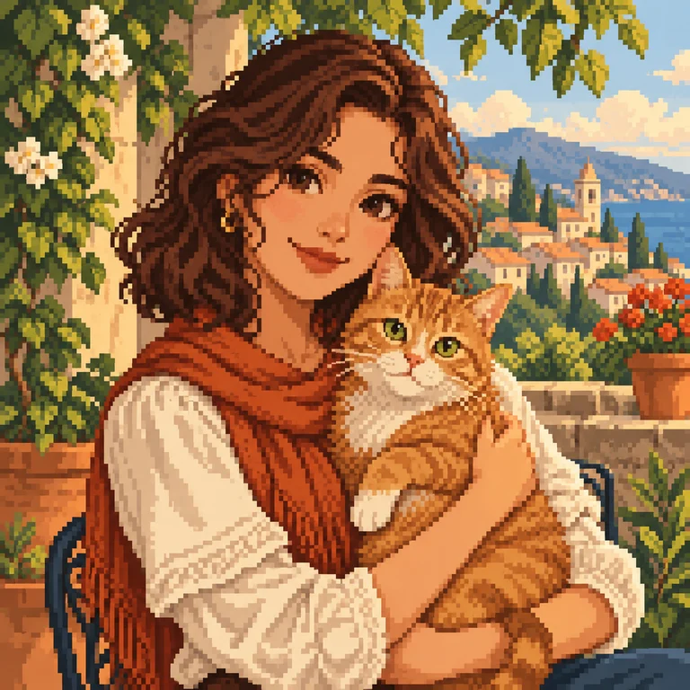Pixel art woman holding a ginger cat with a retro palette and distinct square pixels