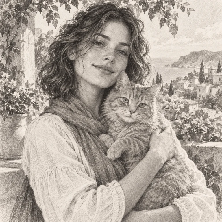 猫を抱く女性の鉛筆画、細かなハッチングと紙の風合い