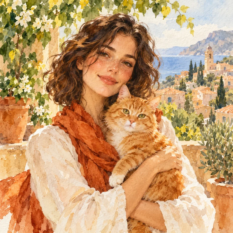 Watercolor woman holding a ginger cat with transparent washes and paper texture