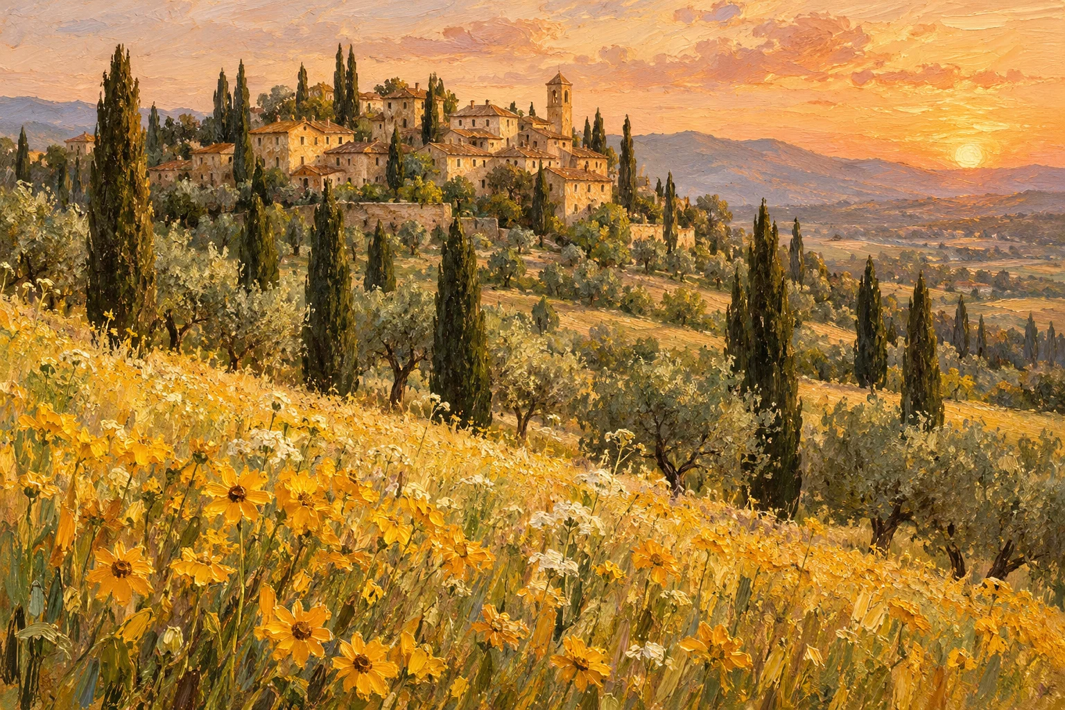 Warm oil painting of a Tuscan village, cypress trees and golden wildflowers