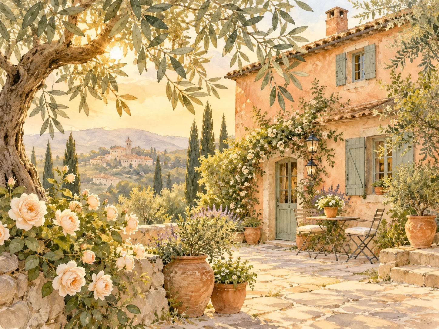 Peach-colored garden cottage illustrated with warm ink lines and soft sage-green watercolor