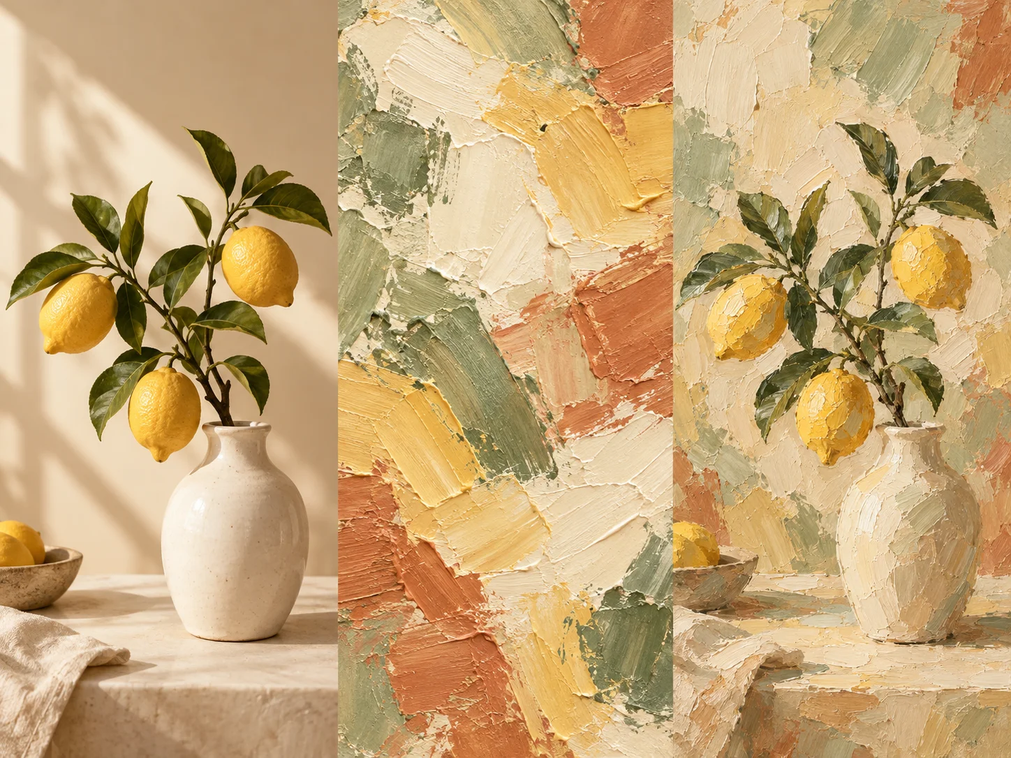 A lemon vase photo, an abstract oil painting reference and the vase restyled with the same brushwork