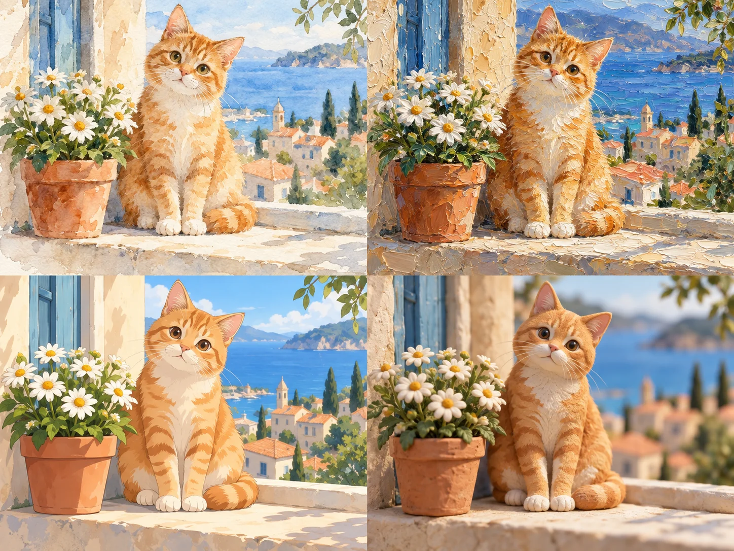 同じ茶トラ猫を水彩、油絵、アニメ、クレイで表現した作例