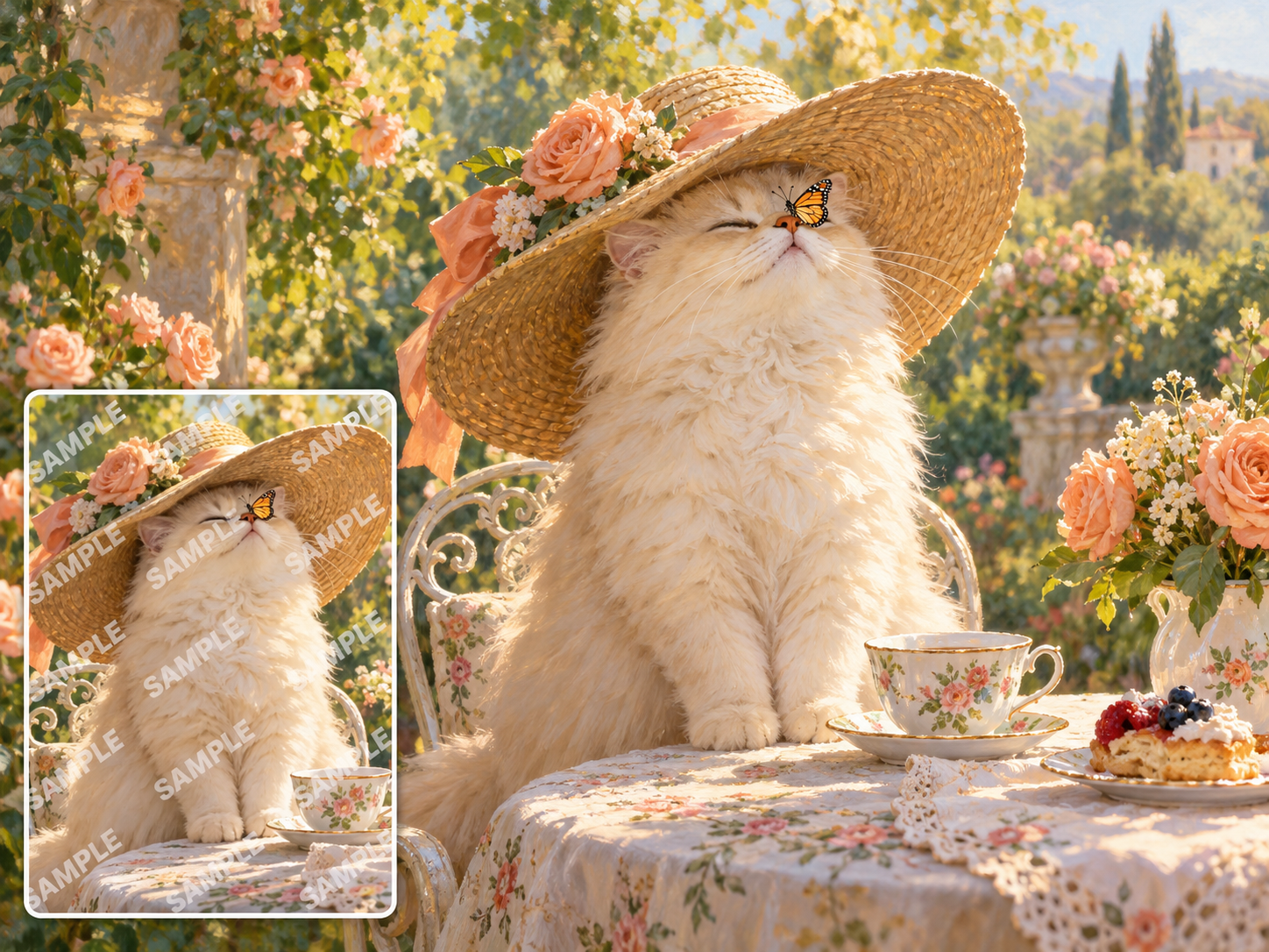 Whimsical garden painting of a cat with a clean main image and a watermarked inset at the bottom left